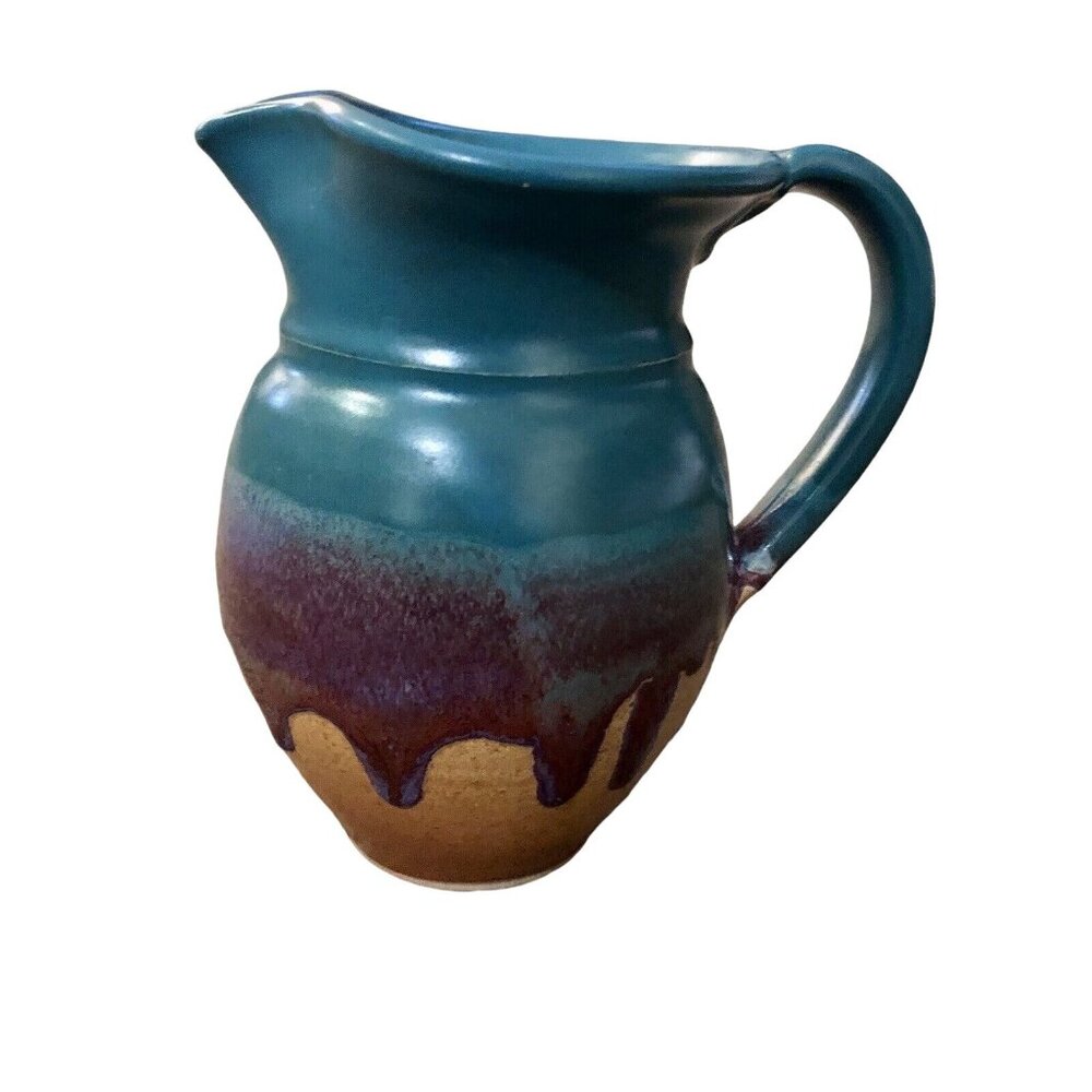 Vintage Handcrafted Pottery Pitcher Southwest Boho Drip Glaze Signed Art Studio